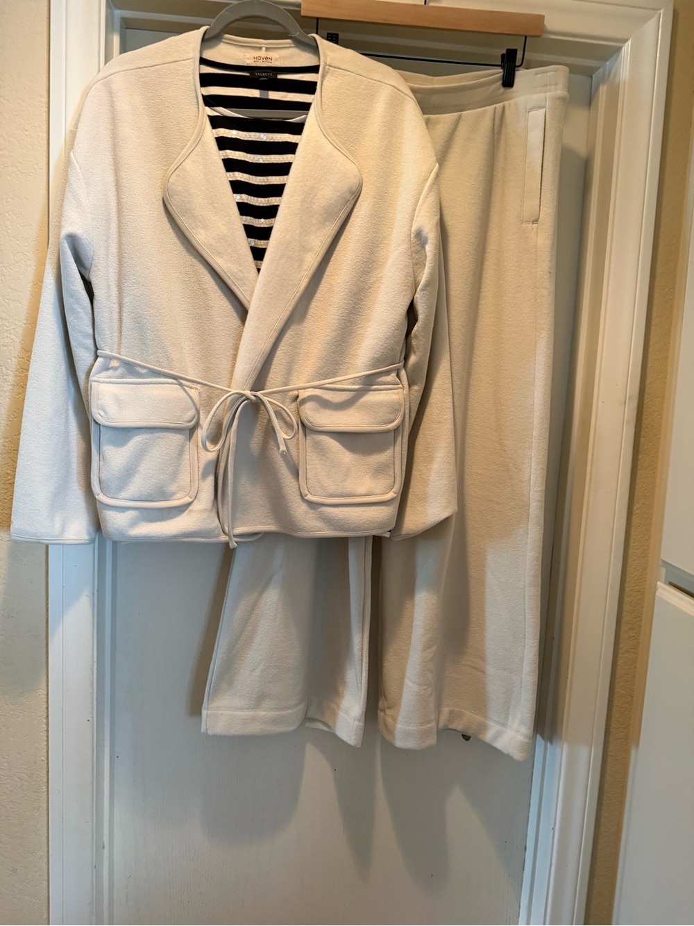 Haven Well Within Cream Tie-Waist Jacket with wide leg pants and blouse.NWOT